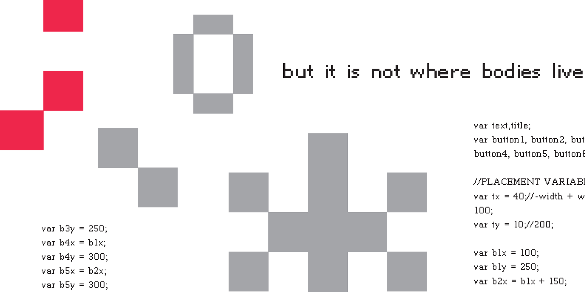 View full size version of two-page spread of large, pixelated characters, text and code
