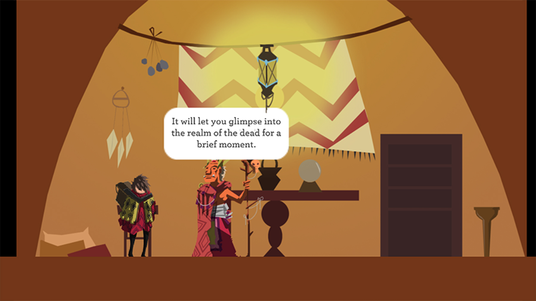 View full size version of a gameplay screenshot of a character talking to a shaman inside a hut